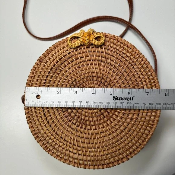 Unbranded Round Rattan Wicker Crossbody Bag Brown Boho Floral Lining - Picture 5 of 6